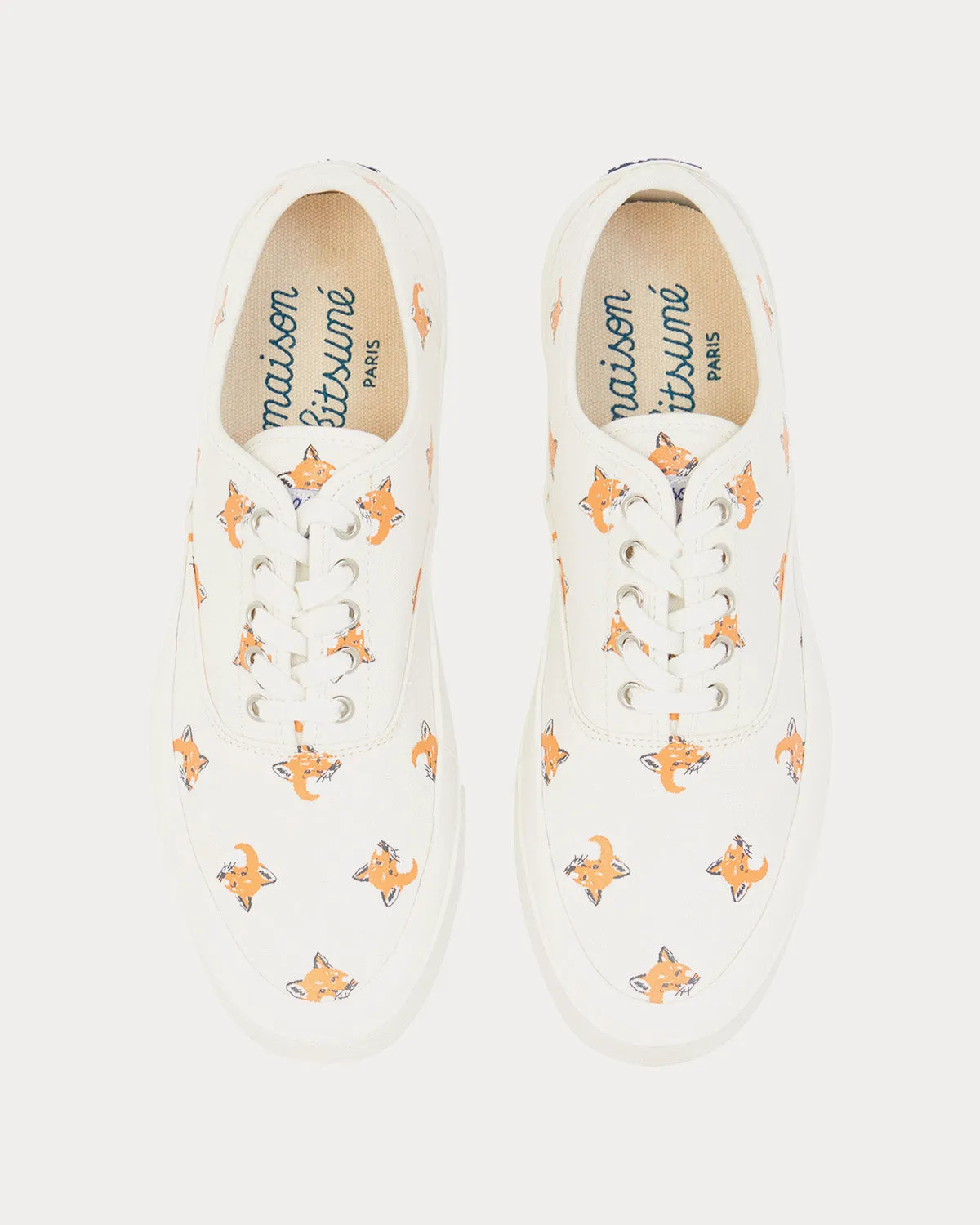All Over Fox Head Laced Canvas White Low Top Sneakers