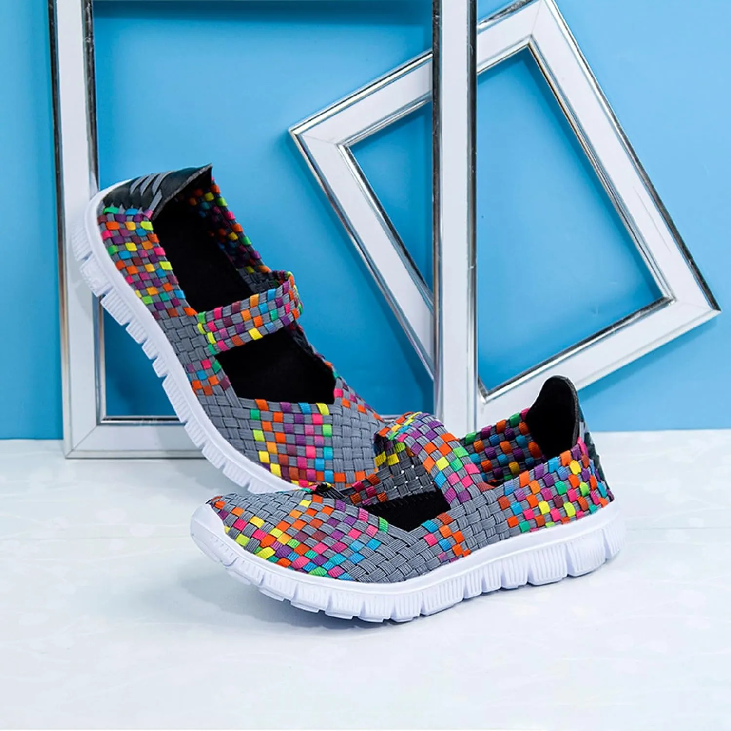AngryMonkey Women's Elastic Woven Walking Shoes Mary Jane Flats Slip on Sneakers