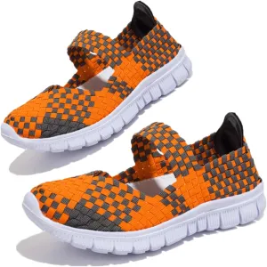 AngryMonkey Women's Elastic Woven Walking Shoes Mary Jane Flats Slip on Sneakers