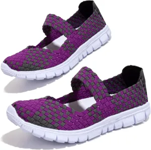 AngryMonkey Women's Elastic Woven Walking Shoes Mary Jane Flats Slip on Sneakers