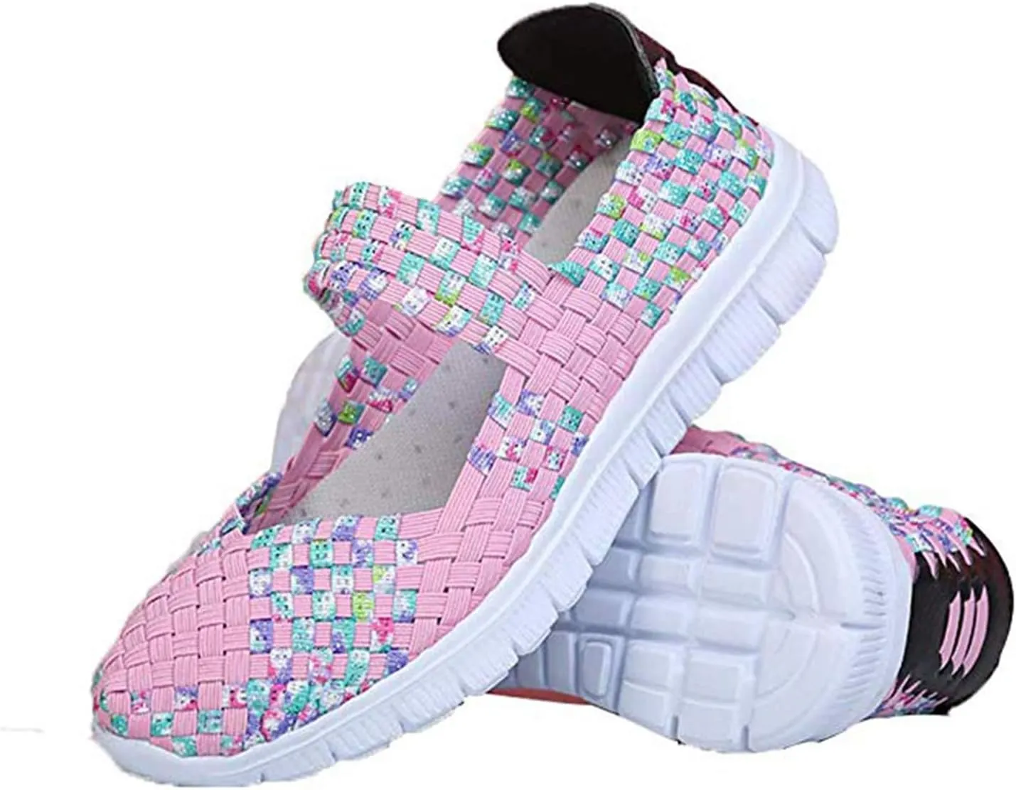 AngryMonkey Women's Elastic Woven Walking Shoes Mary Jane Flats Slip on Sneakers