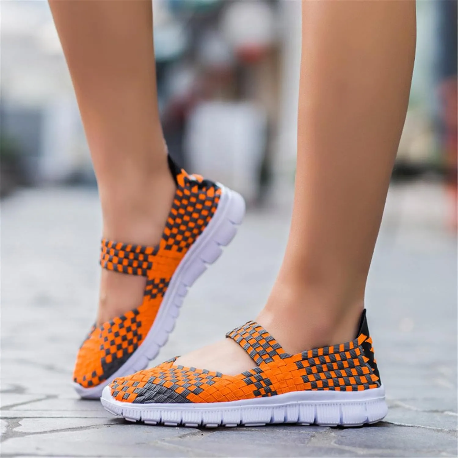 AngryMonkey Women's Elastic Woven Walking Shoes Mary Jane Flats Slip on Sneakers