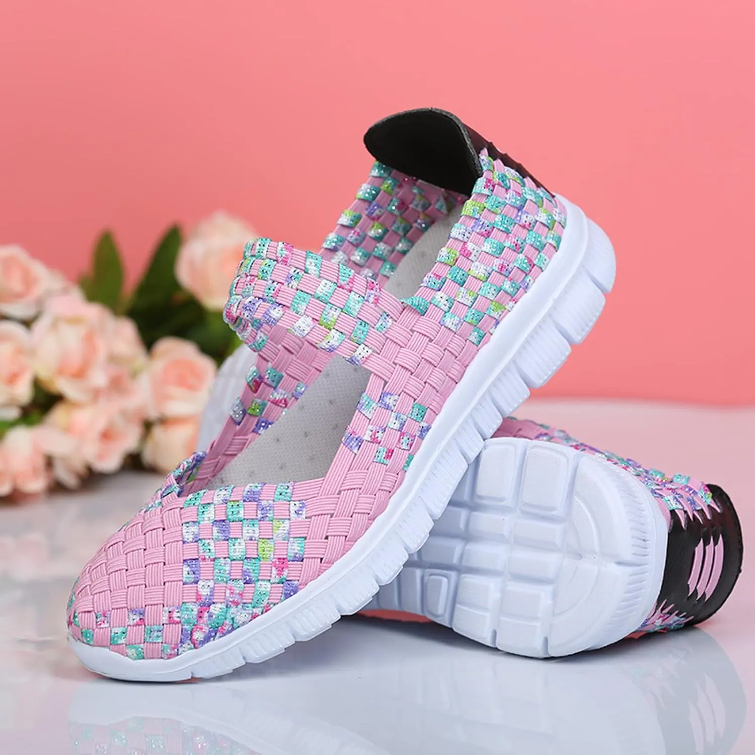 AngryMonkey Women's Elastic Woven Walking Shoes Mary Jane Flats Slip on Sneakers