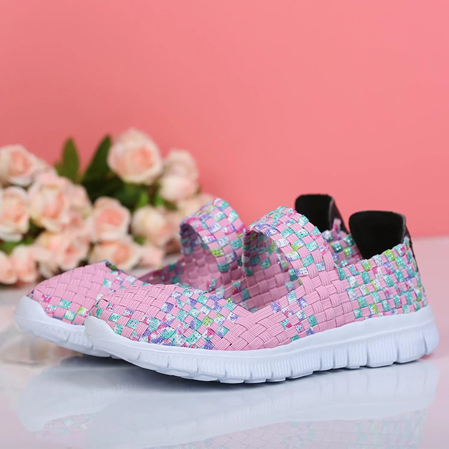 AngryMonkey Women's Elastic Woven Walking Shoes Mary Jane Flats Slip on Sneakers