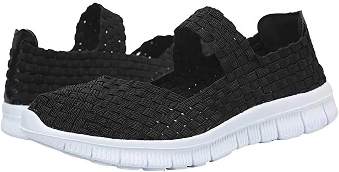 AngryMonkey Women's Elastic Woven Walking Shoes Mary Jane Flats Slip on Sneakers