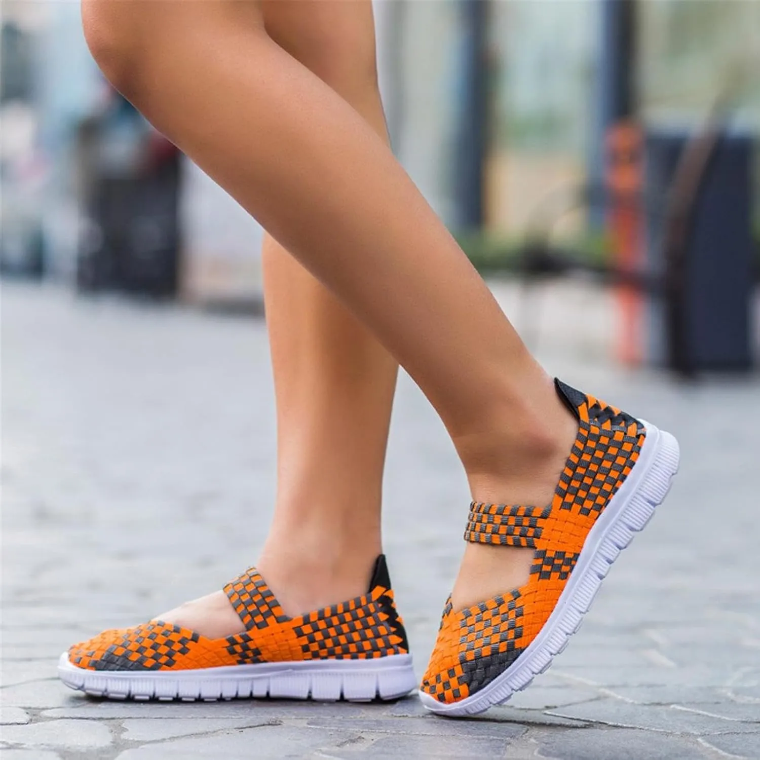 AngryMonkey Women's Elastic Woven Walking Shoes Mary Jane Flats Slip on Sneakers