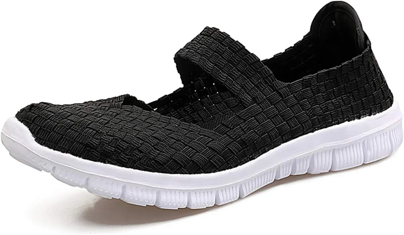 AngryMonkey Women's Elastic Woven Walking Shoes Mary Jane Flats Slip on Sneakers
