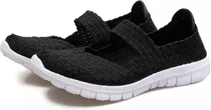 AngryMonkey Women's Elastic Woven Walking Shoes Mary Jane Flats Slip on Sneakers