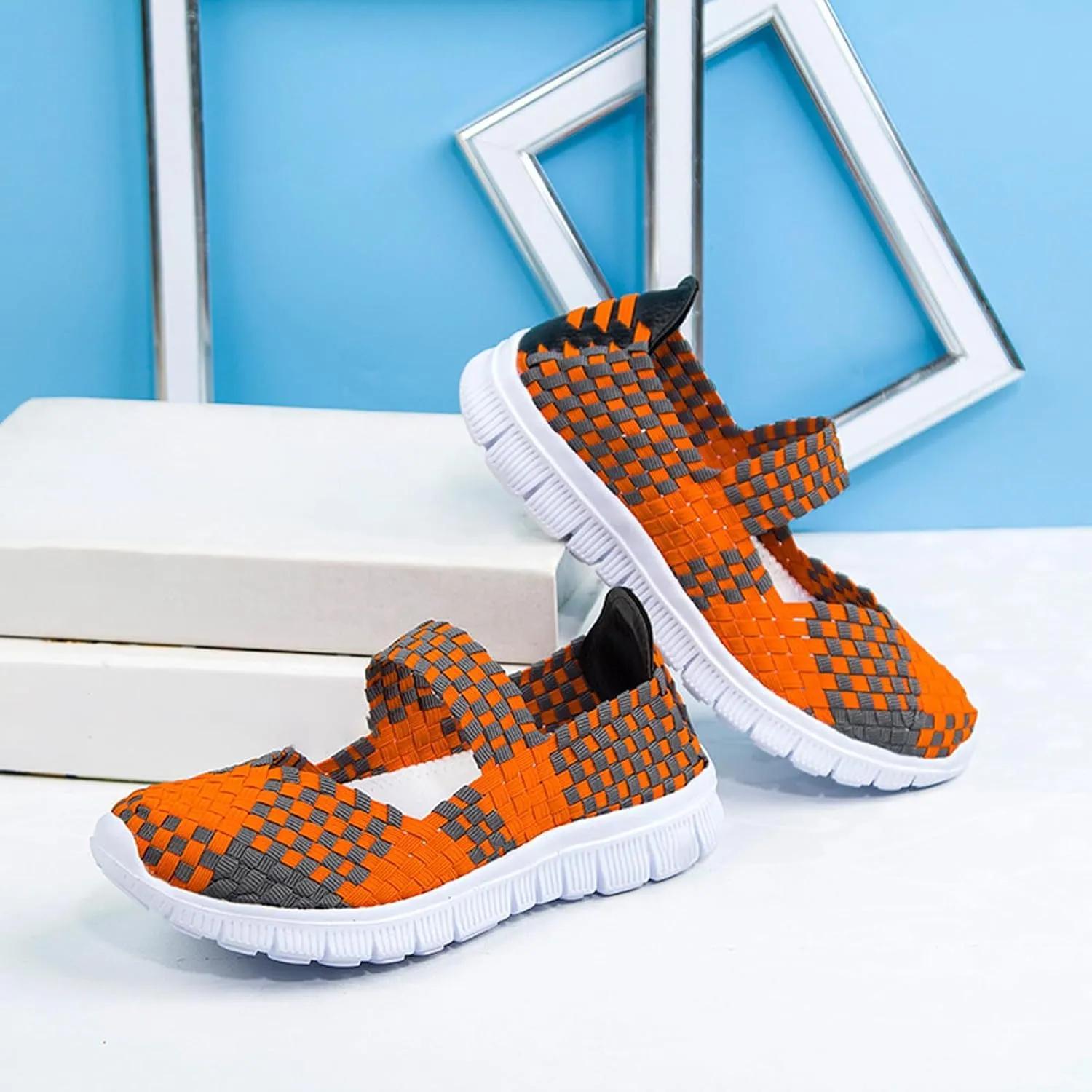 AngryMonkey Women's Elastic Woven Walking Shoes Mary Jane Flats Slip on Sneakers