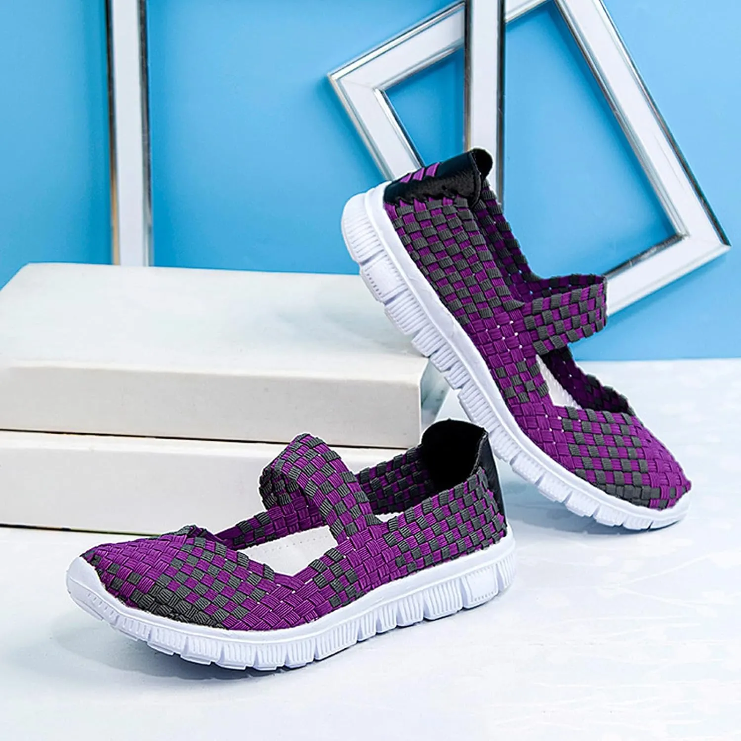 AngryMonkey Women's Elastic Woven Walking Shoes Mary Jane Flats Slip on Sneakers