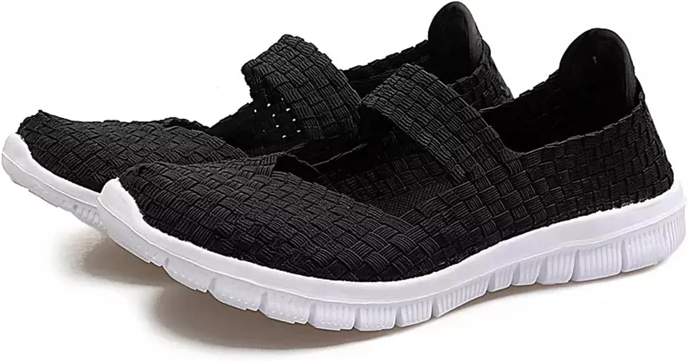 AngryMonkey Women's Elastic Woven Walking Shoes Mary Jane Flats Slip on Sneakers