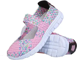 AngryMonkey Women's Elastic Woven Walking Shoes Mary Jane Flats Slip on Sneakers