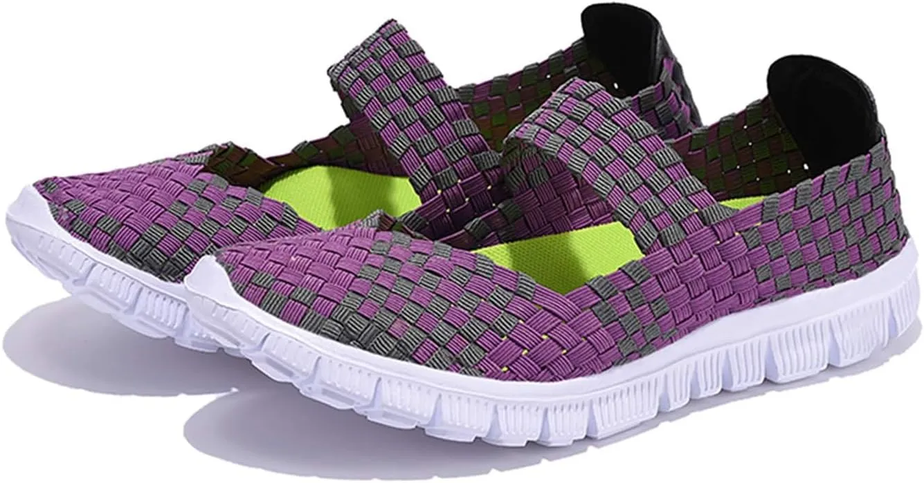 AngryMonkey Women's Elastic Woven Walking Shoes Mary Jane Flats Slip on Sneakers