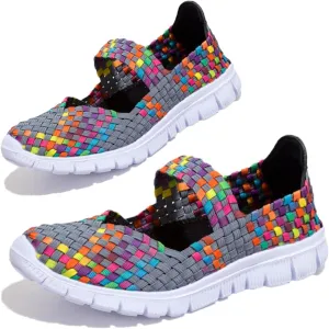 AngryMonkey Women's Elastic Woven Walking Shoes Mary Jane Flats Slip on Sneakers