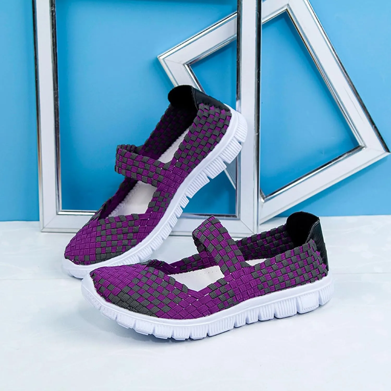 AngryMonkey Women's Elastic Woven Walking Shoes Mary Jane Flats Slip on Sneakers