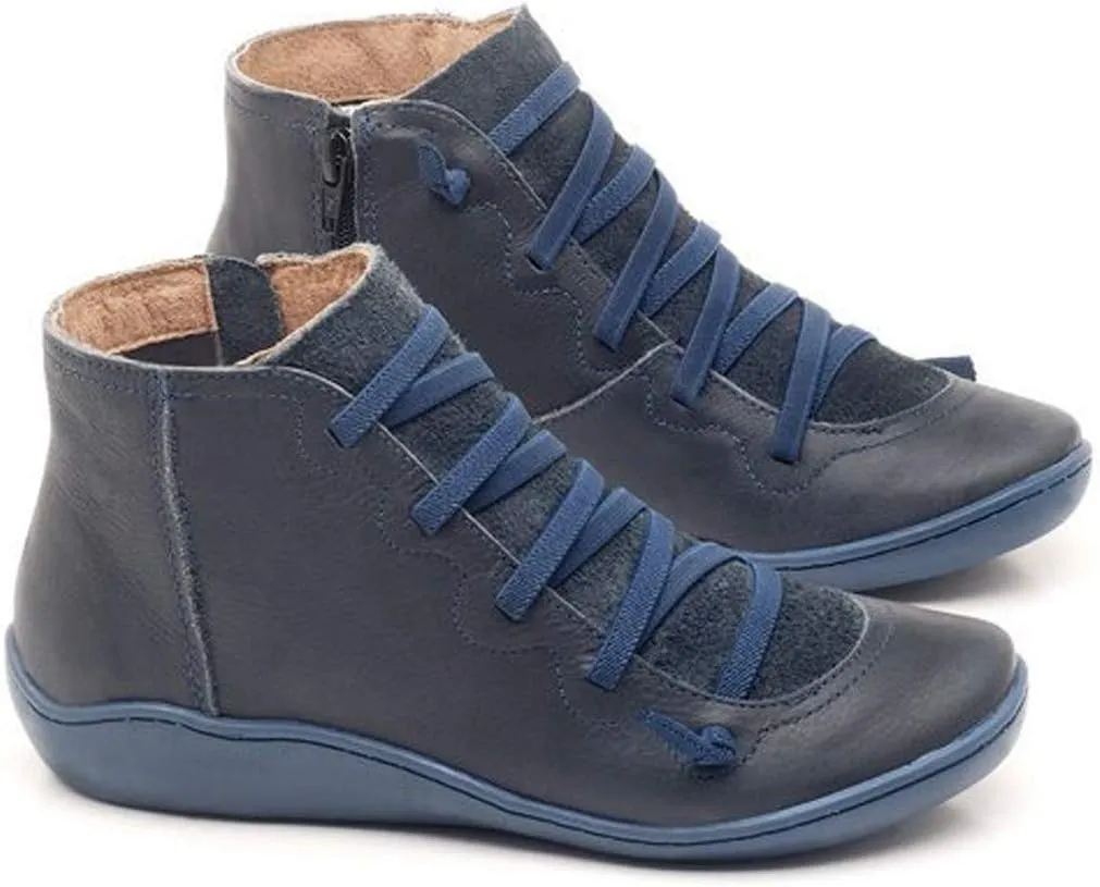 Ankle Boots for Women Black Booties No Heel Womens Hiking Boots Wide Width Work Boot Shoe Laces Men Soft Sole Fashion Slip on Pointed Toe Chunky Stacked Heel