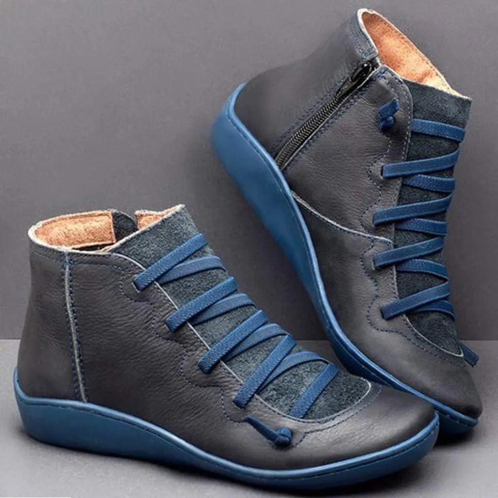 Ankle Boots for Women Black Booties No Heel Womens Hiking Boots Wide Width Work Boot Shoe Laces Men Soft Sole Fashion Slip on Pointed Toe Chunky Stacked Heel