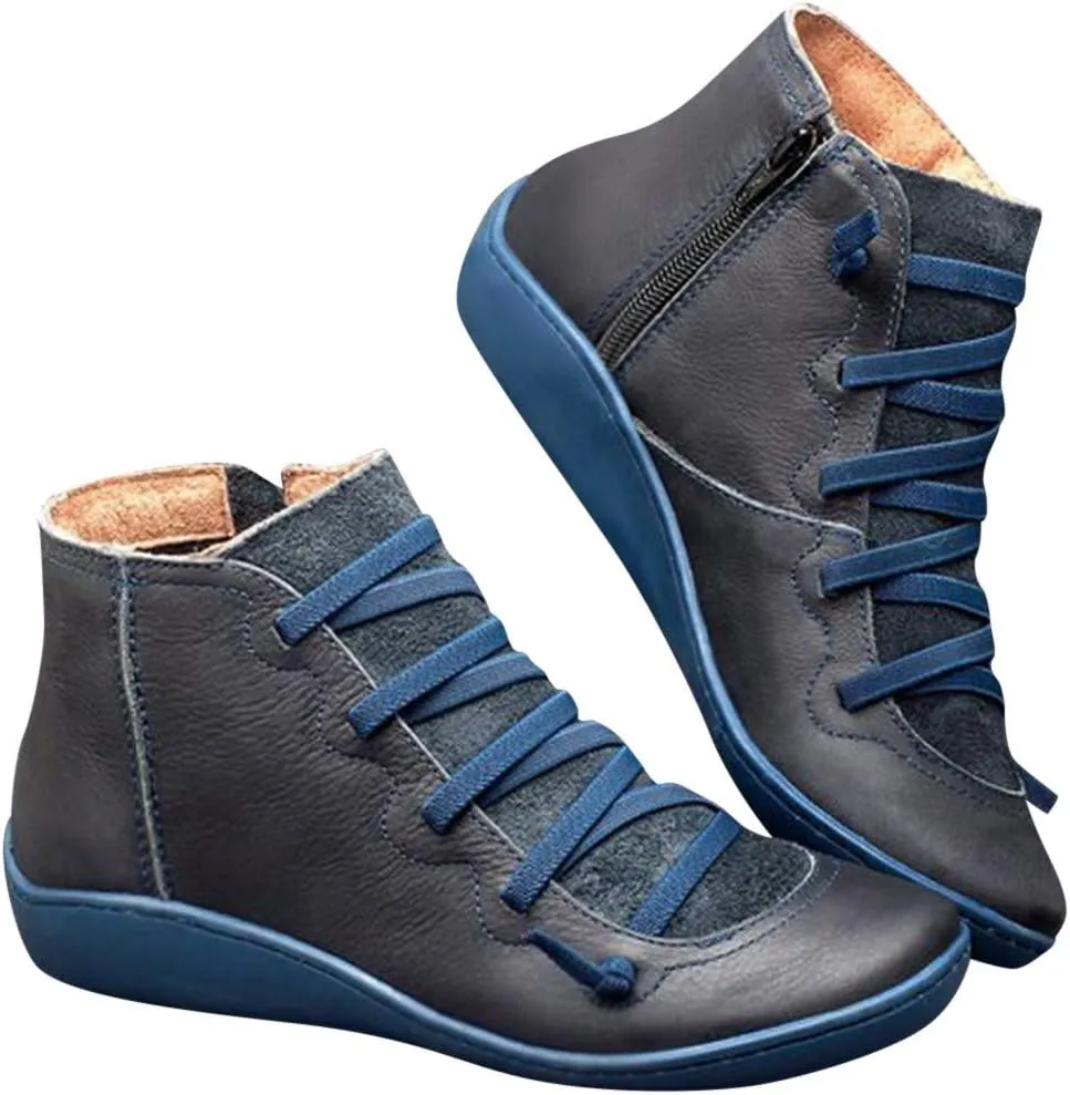 Ankle Boots for Women Black Booties No Heel Womens Hiking Boots Wide Width Work Boot Shoe Laces Men Soft Sole Fashion Slip on Pointed Toe Chunky Stacked Heel
