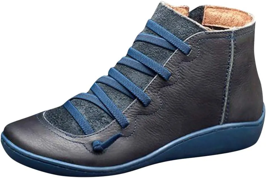 Ankle Boots for Women Black Booties No Heel Womens Hiking Boots Wide Width Work Boot Shoe Laces Men Soft Sole Fashion Slip on Pointed Toe Chunky Stacked Heel