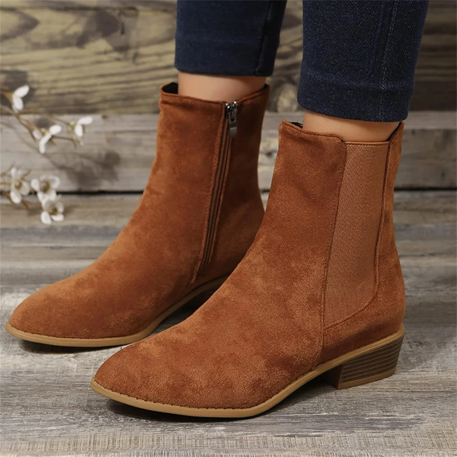 Black Booties for Women Ankle Wide Width Booties Womens Leather Boots Ankle Heeled Bootie for Women Dressy Fashion Casual Comfy Soft Slip on Pointed Toe Chunky Stacked Heel
