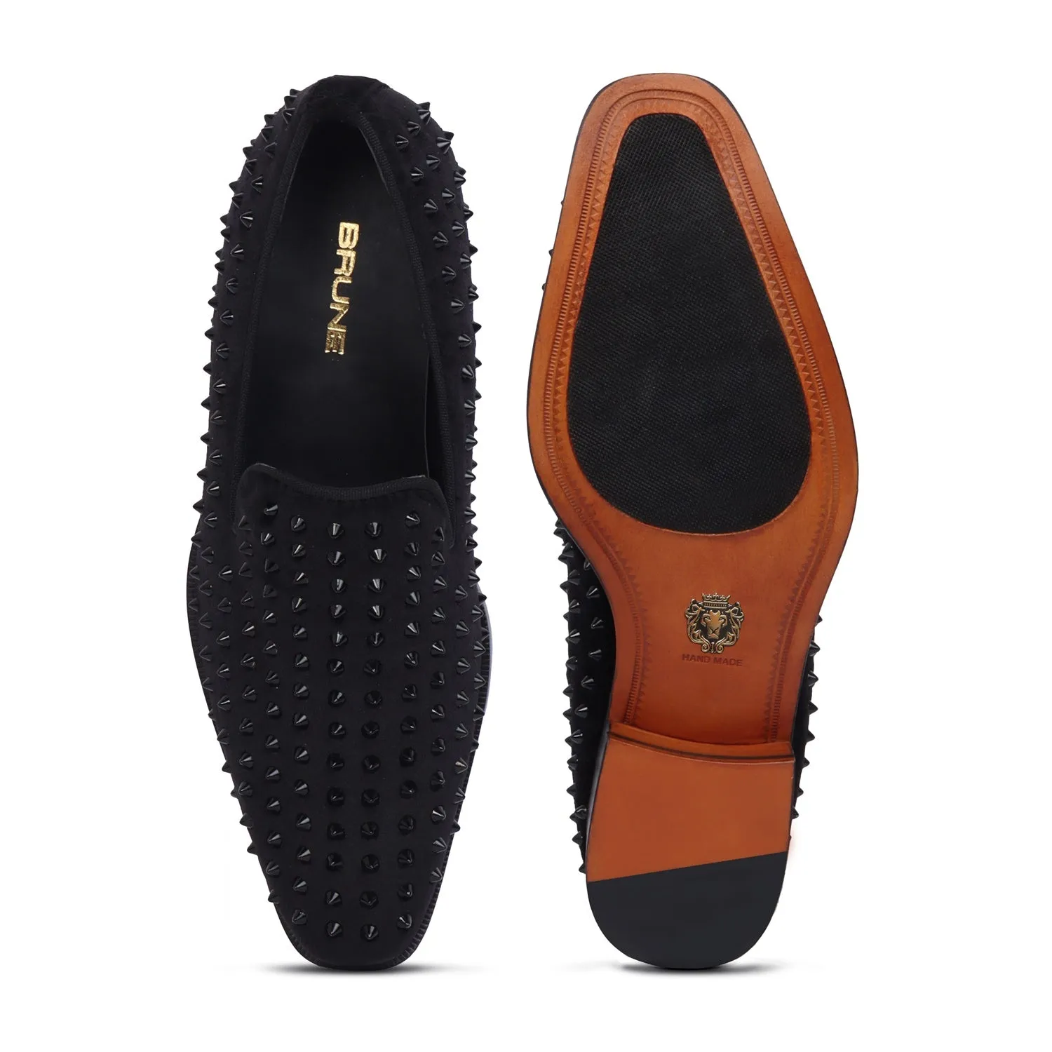 Black Studded Sleek Toe Italian Velvet Loafer For Men by Brune & Bareskin