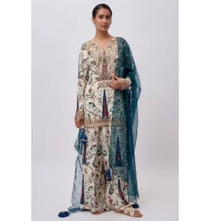 Blue Forest Whisper Print Crepe Embroidered Kurta Set
