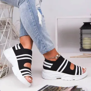 Chicvane Stripe Hollow Out Peep-toe Elastic Strap Wedge Sandals
