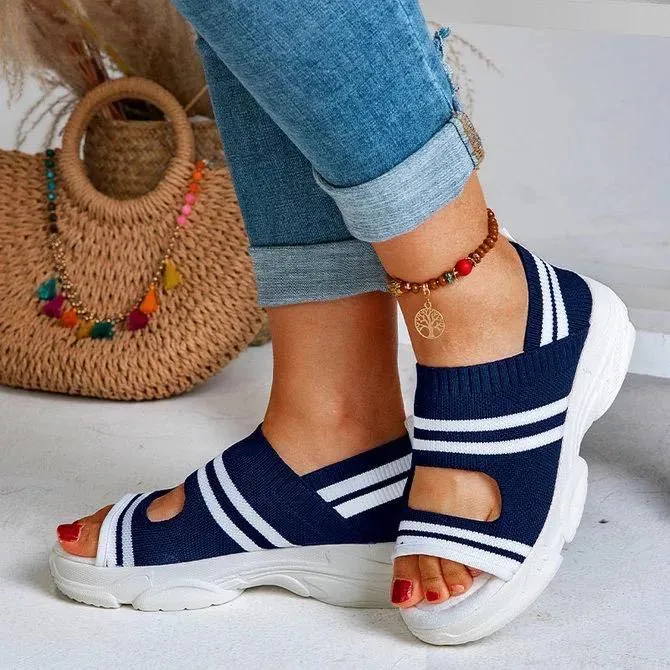 Chicvane Stripe Hollow Out Peep-toe Elastic Strap Wedge Sandals