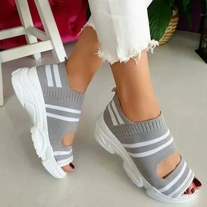 Chicvane Stripe Hollow Out Peep-toe Elastic Strap Wedge Sandals