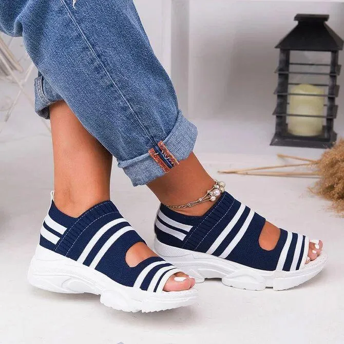 Chicvane Stripe Hollow Out Peep-toe Elastic Strap Wedge Sandals