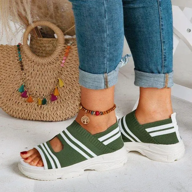Chicvane Stripe Hollow Out Peep-toe Elastic Strap Wedge Sandals
