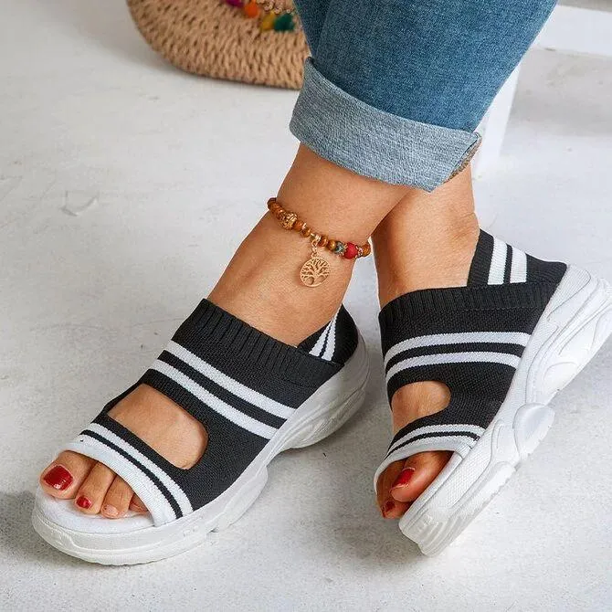 Chicvane Stripe Hollow Out Peep-toe Elastic Strap Wedge Sandals
