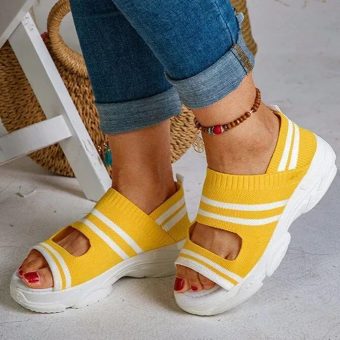 Chicvane Stripe Hollow Out Peep-toe Elastic Strap Wedge Sandals