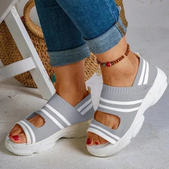 Chicvane Stripe Hollow Out Peep-toe Elastic Strap Wedge Sandals