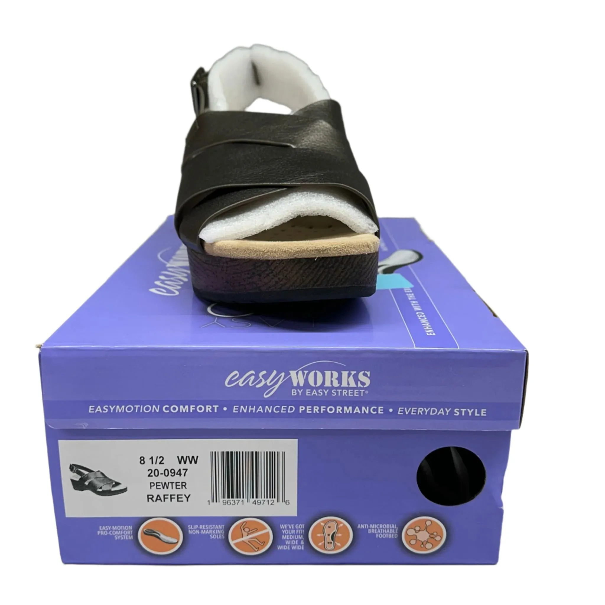 Easy Works by Easy Street Women's Raffey Wedge Sandals Pewter Size 8.5 – New