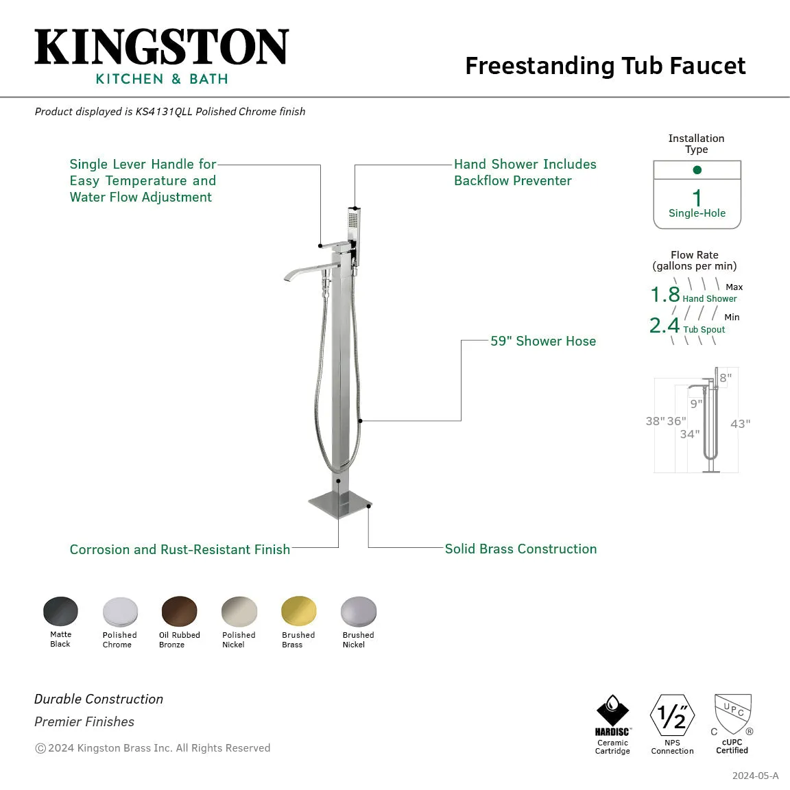 Executive KS4137QLL Single-Handle 1-Hole Freestanding Tub Faucet with Hand Shower, Brushed Brass