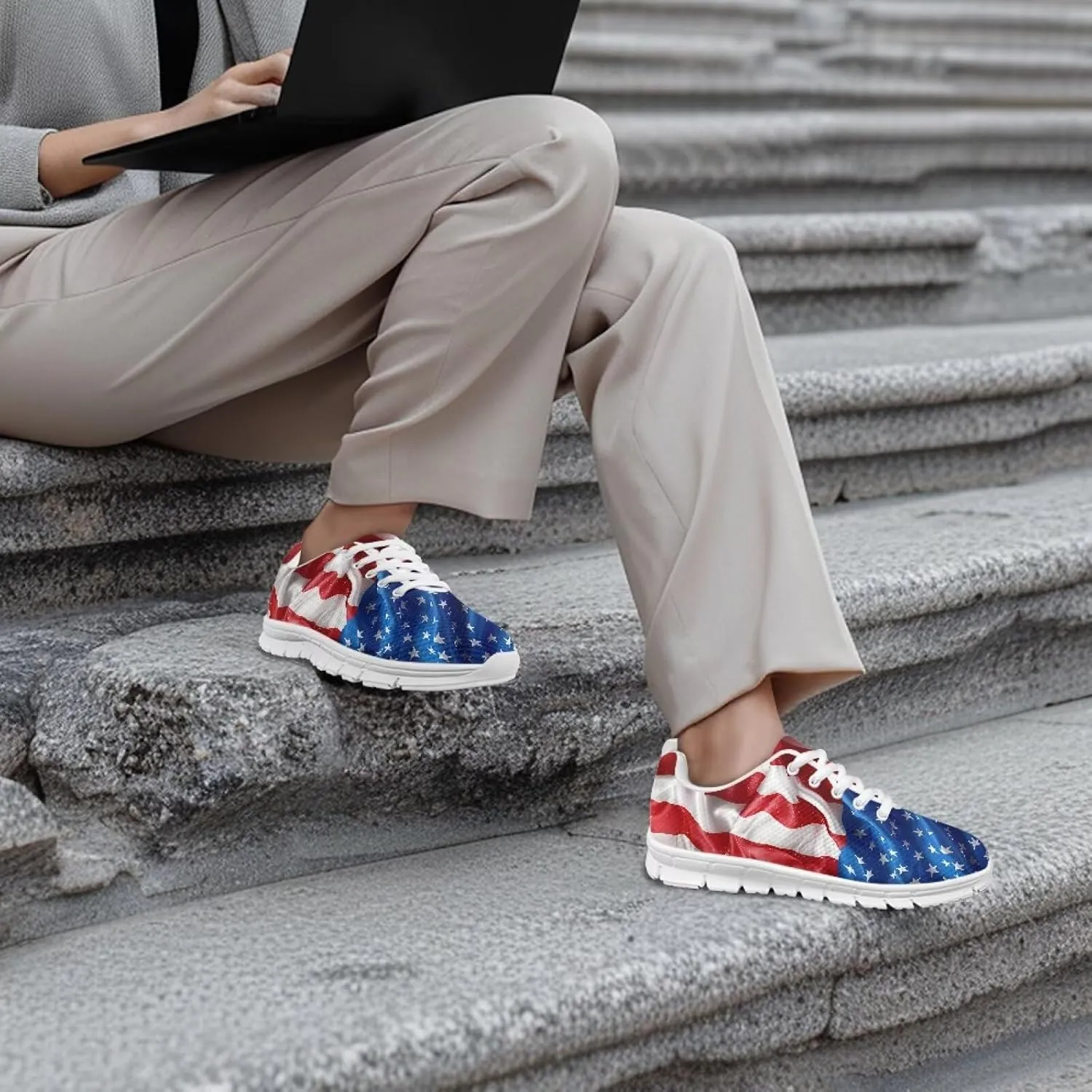 GIFTPUZZ Fourth of July Shoes Women Walking Shoes Casual Mesh Low Top Air Cushion Athletic Trainers Wide Width