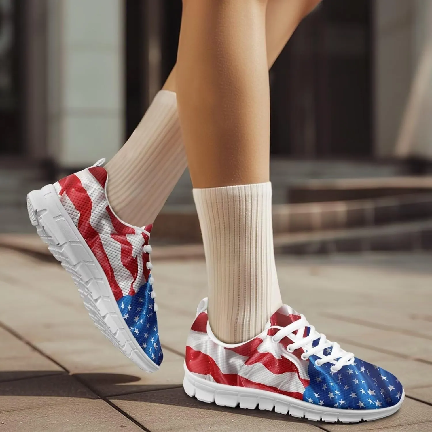 GIFTPUZZ Fourth of July Shoes Women Walking Shoes Casual Mesh Low Top Air Cushion Athletic Trainers Wide Width