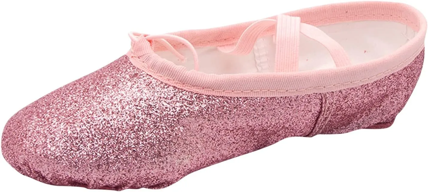 Girls Ballet Shoes Glitter Split-Sole Dance Slippers Toddler Kid Practice Flats Soft Lightweight with Elastic Laces