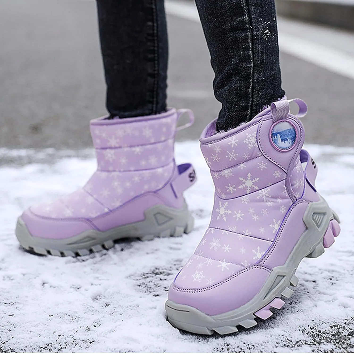 Girls Boys Winter Snow Boots Big Kids Outdoor Comfortable Non Slip Ski Shoes Furry Padded Warm Mid Calf Booties
