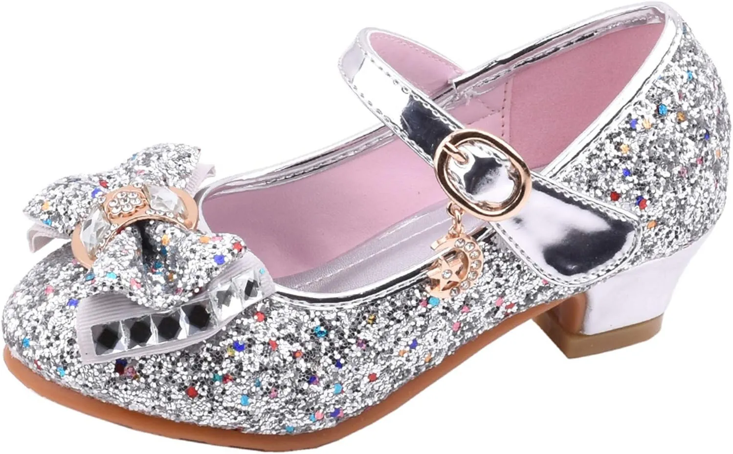 Girls Dress Shoes Glitter Princess Shoe Flower Mary Jane Low Heels Party Birthday Prom Footwear for Toddler Kids