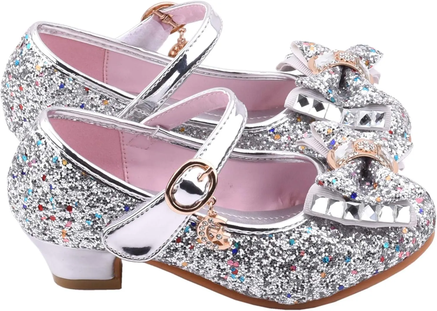 Girls Dress Shoes Glitter Princess Shoe Flower Mary Jane Low Heels Party Birthday Prom Footwear for Toddler Kids