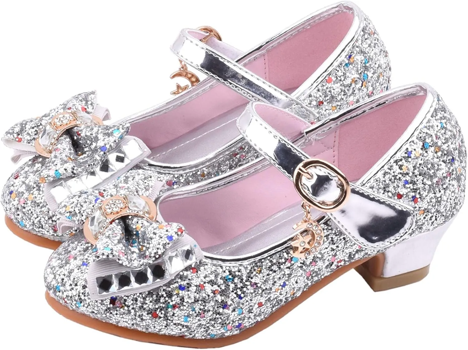 Girls Dress Shoes Glitter Princess Shoe Flower Mary Jane Low Heels Party Birthday Prom Footwear for Toddler Kids