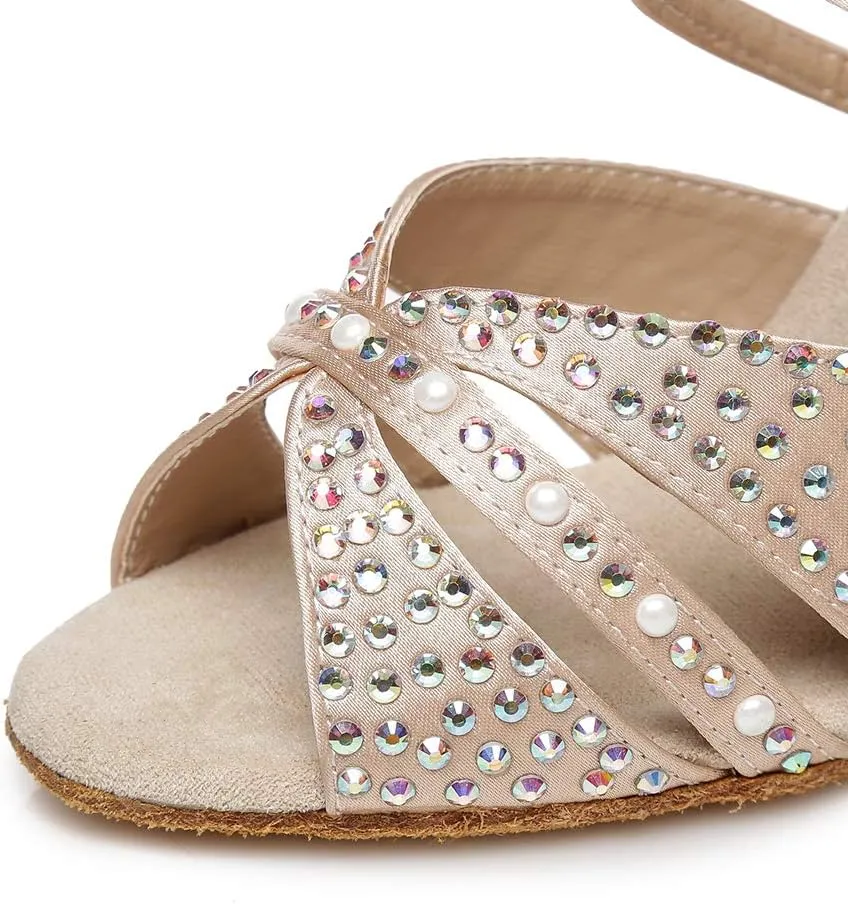 JUODVMP Women Rhinestone Ballroom Dance Shoes Latin Satin Salsa Performance Dance Shoes Model YCL428
