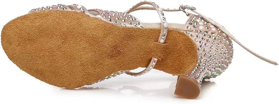 JUODVMP Women Rhinestone Ballroom Dance Shoes Latin Satin Salsa Performance Dance Shoes Model YCL428