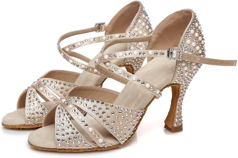 JUODVMP Women Rhinestone Ballroom Dance Shoes Latin Satin Salsa Performance Dance Shoes Model YCL428