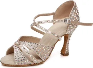 JUODVMP Women Rhinestone Ballroom Dance Shoes Latin Satin Salsa Performance Dance Shoes Model YCL428