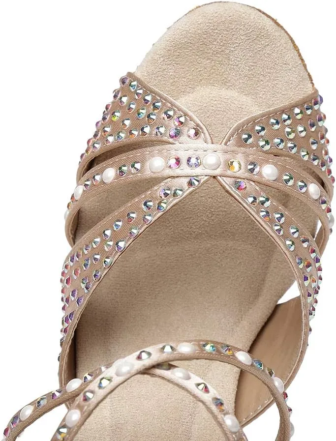 JUODVMP Women Rhinestone Ballroom Dance Shoes Latin Satin Salsa Performance Dance Shoes Model YCL428