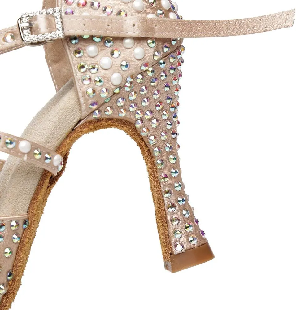JUODVMP Women Rhinestone Ballroom Dance Shoes Latin Satin Salsa Performance Dance Shoes Model YCL428