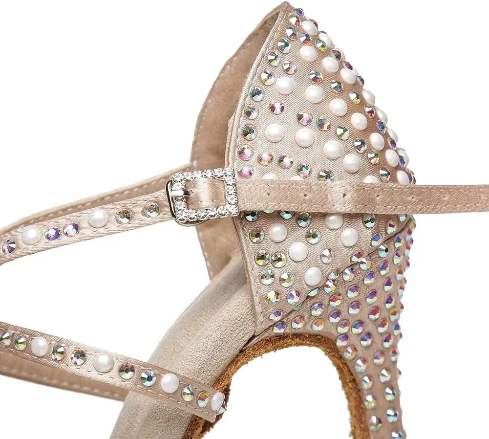 JUODVMP Women Rhinestone Ballroom Dance Shoes Latin Satin Salsa Performance Dance Shoes Model YCL428